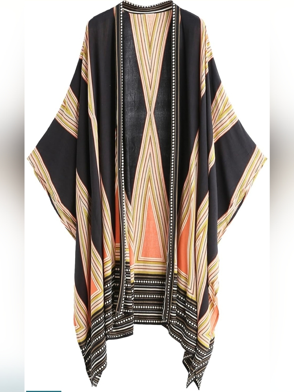 Black Multicolor Geometric Stripe Swim Coverup Kimono